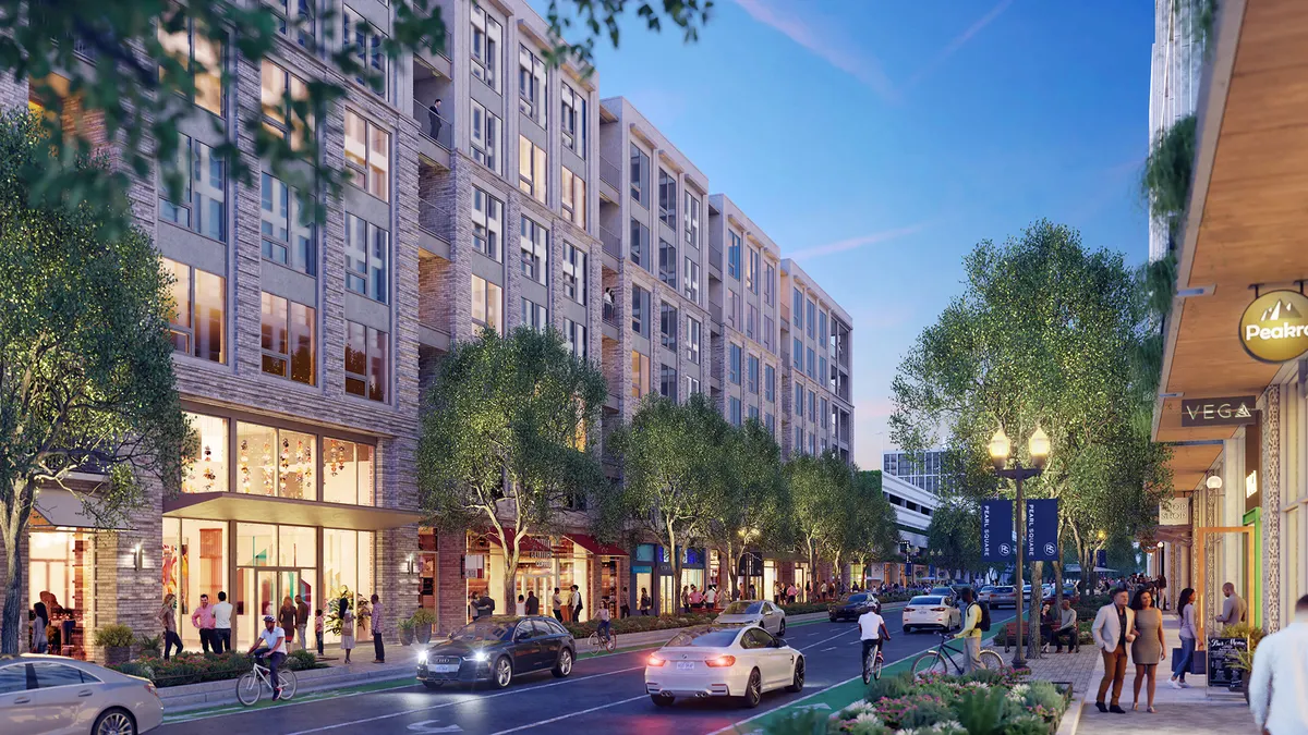 A rendering of a mid-rise apartment building.