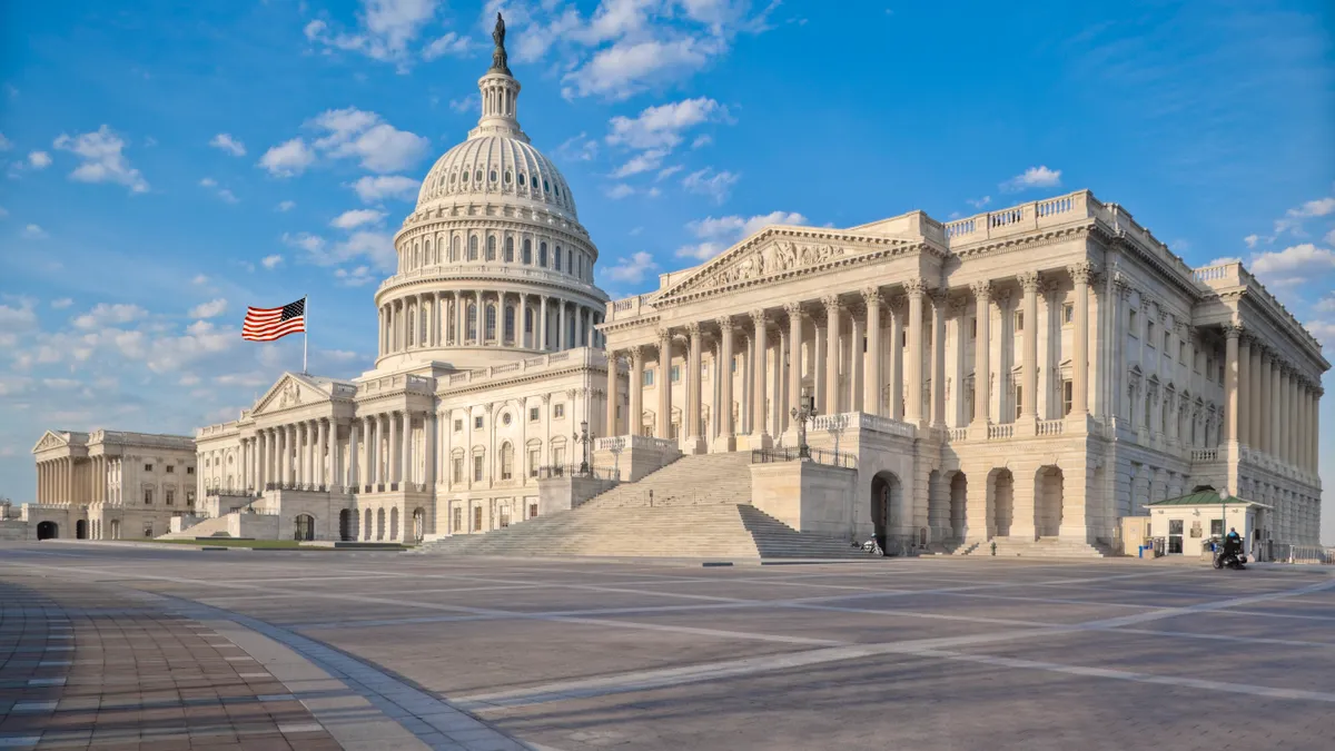 The east side of the US Capitol in the early morning. Senate Chamber in the foreground.