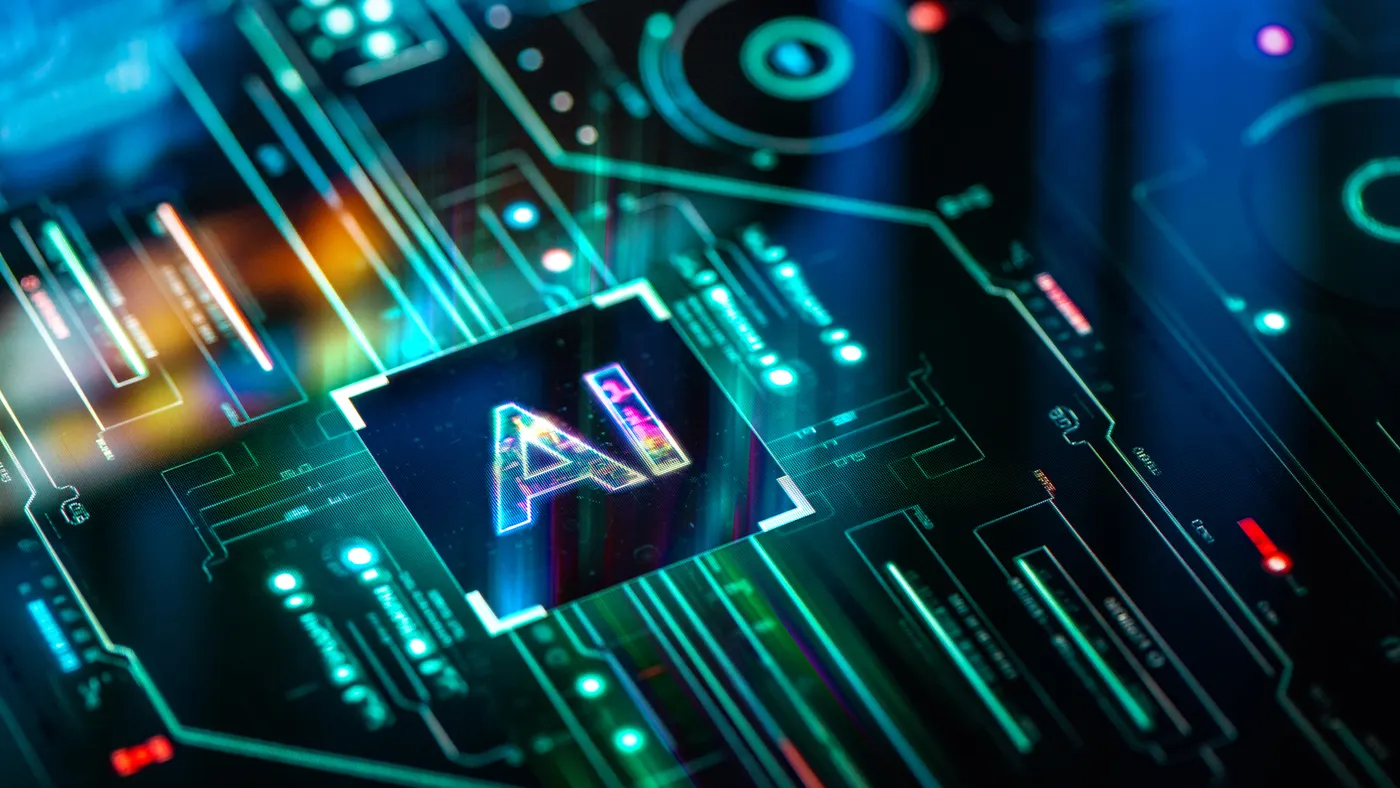 AI symbol on a computer tech chain