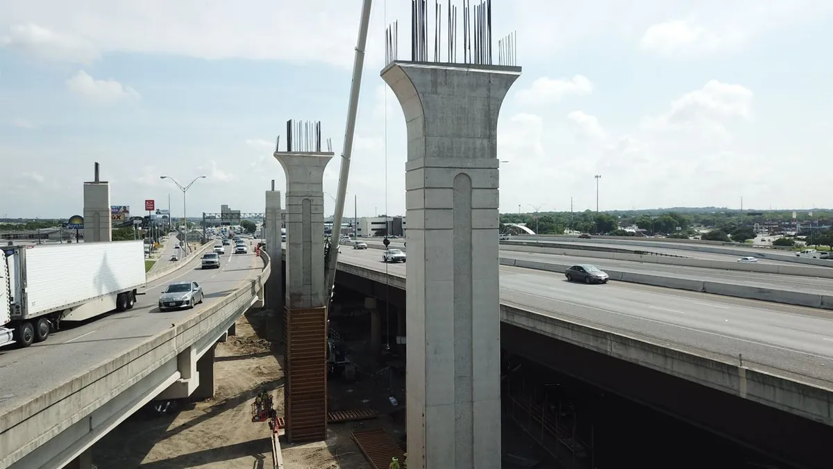 Columns under construction for the I-35 infrastructure project in San Antonio, Texas.