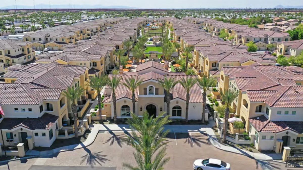 An overhead view of a housing development.