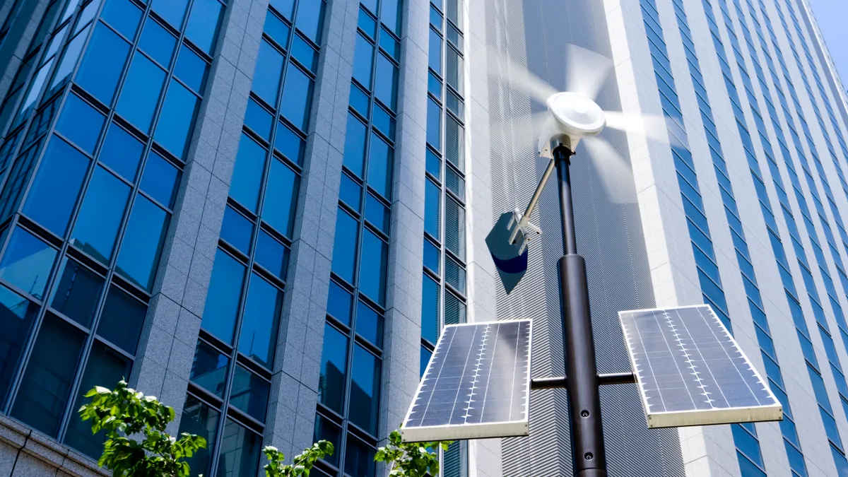 View of the facade of a modern building using renewable energy