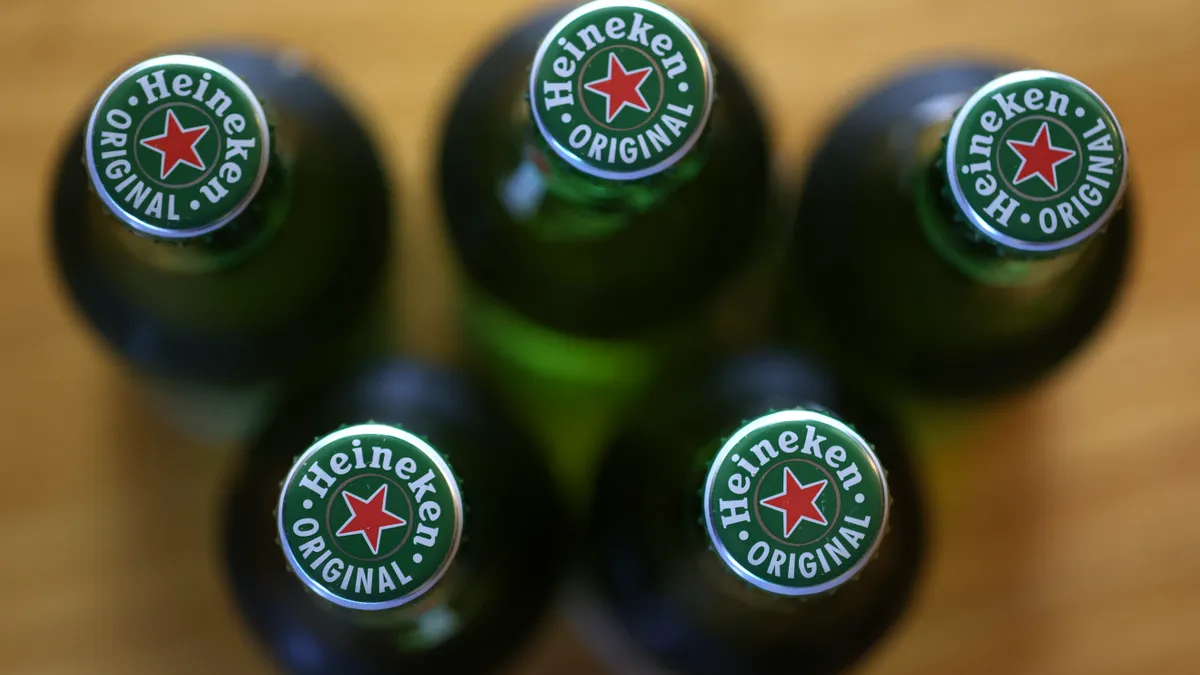 An illustration of bottles of Heineken beer on display on July 31, 2023 in San Anselmo, California.