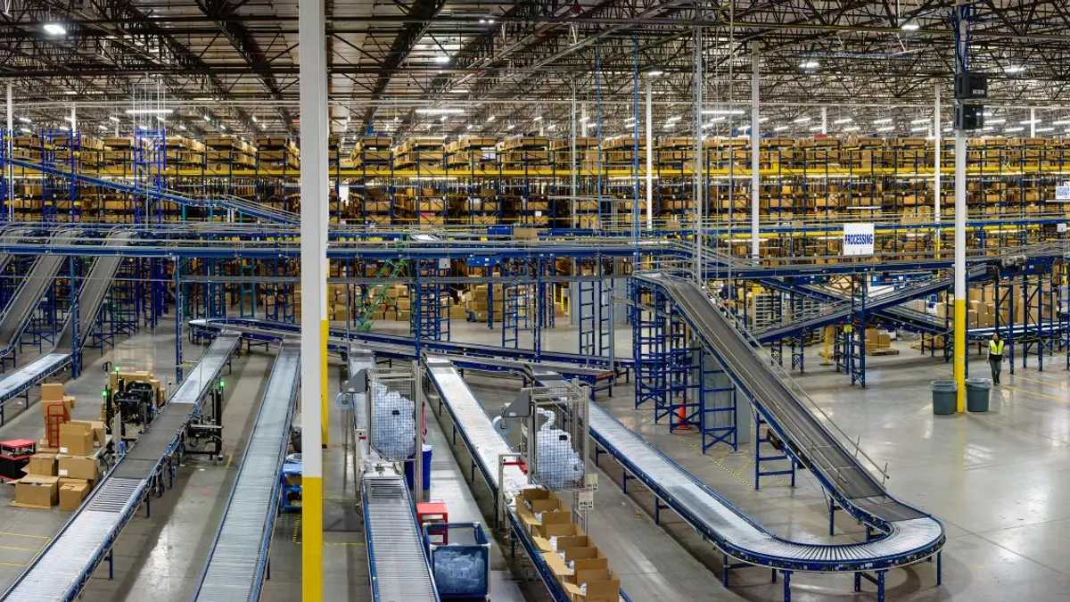 Inside a fulfillment hub with sorting lanes displayed.