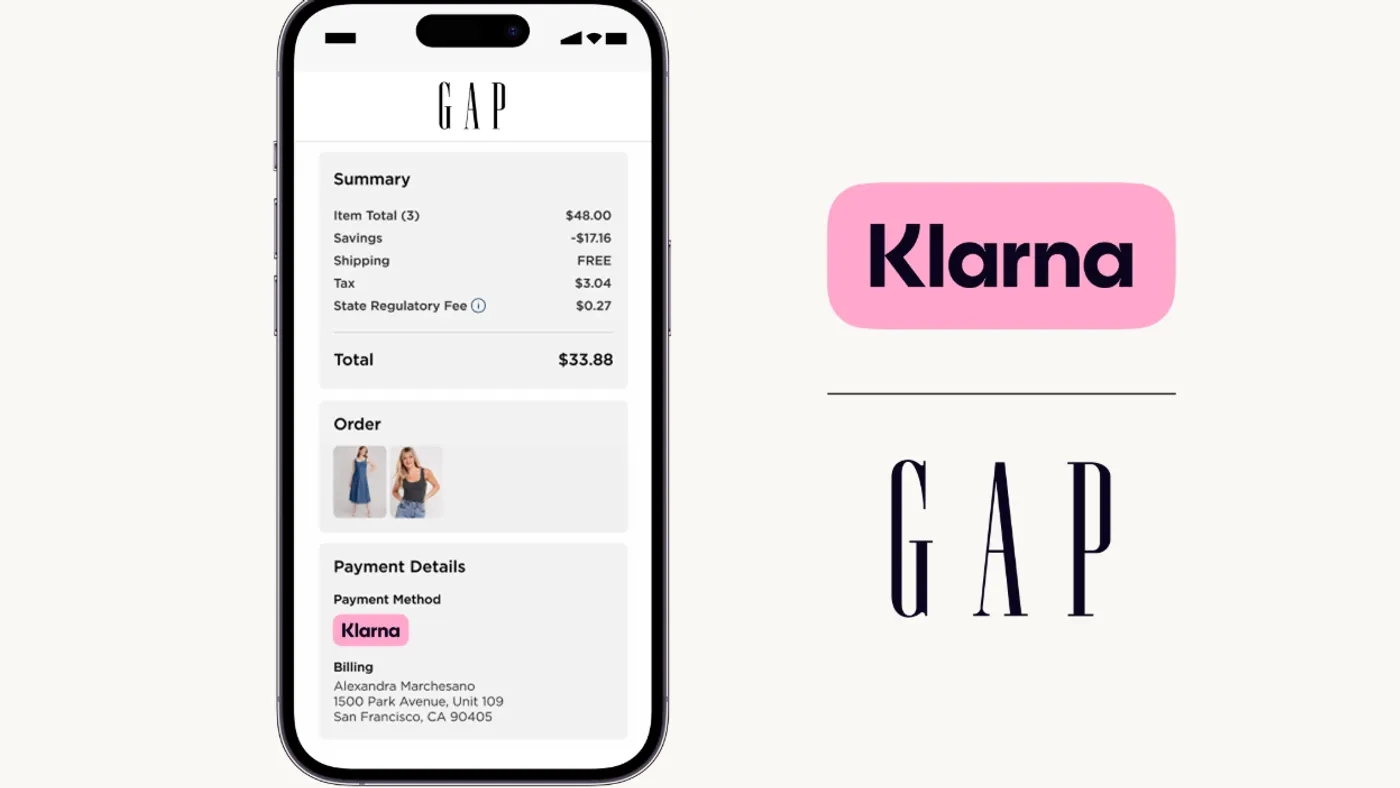 A mobile phone with the Gap website showing Klarna payment options.