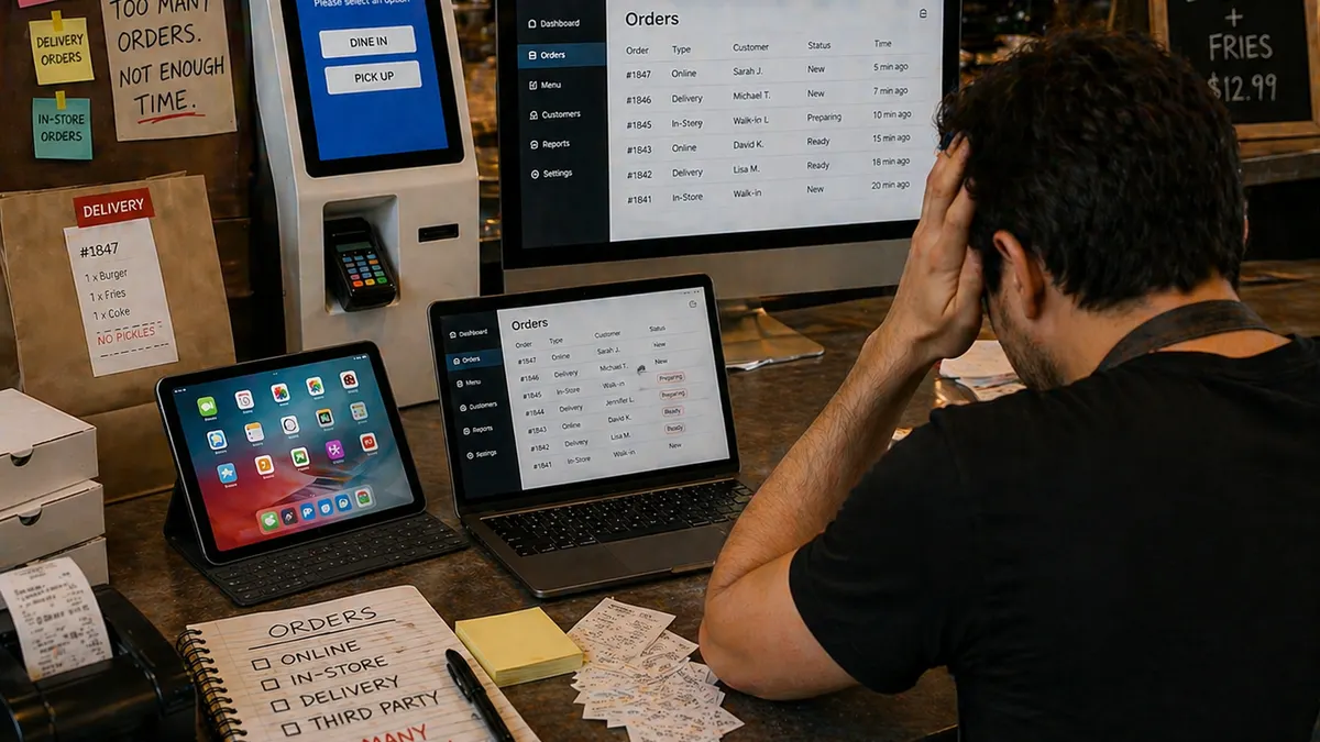 A man, appearing stressed, sits at a cluttered counter with multiple screens and order slips. A sign reads "Too many apps, too many orders, not enough time," highlighting his overwhelmed state in a busy restaurant setting.