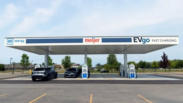 A picture of the new EVgo flagship charging station in Warren, Michigan, branded with the corporate logos of GM Energy, EVgo and Meijer.