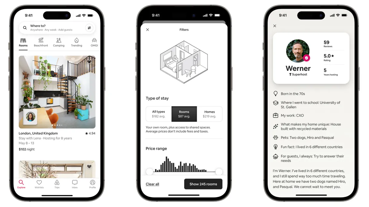 Three separate screenshots of Airbnb’s new Rooms category on a mobile phone, the first showing a picture of a room listing, the second showing a map of a room and the third showing information about t