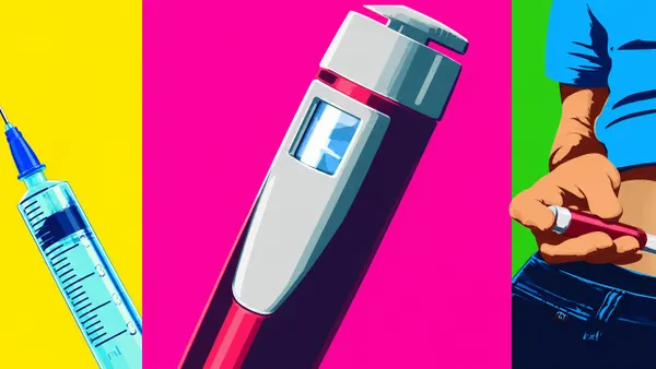 Pop-art illustration showing an injectable weight-loss medication, a bathroom scale and a person’s midsection.