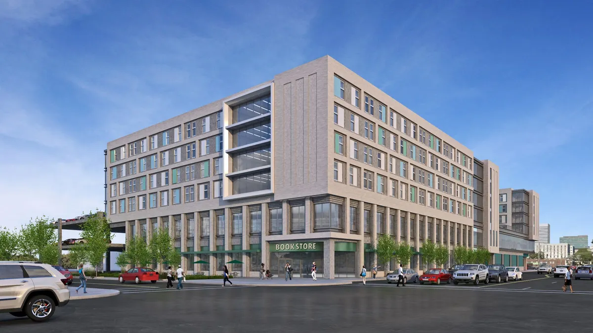 A rendering of an apartment building over a bookstore.
