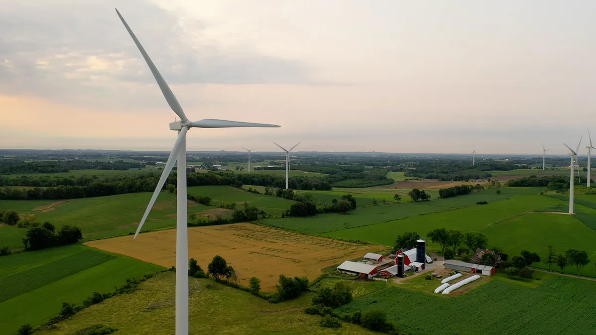 An aerial view of a wind farm in Iowa.