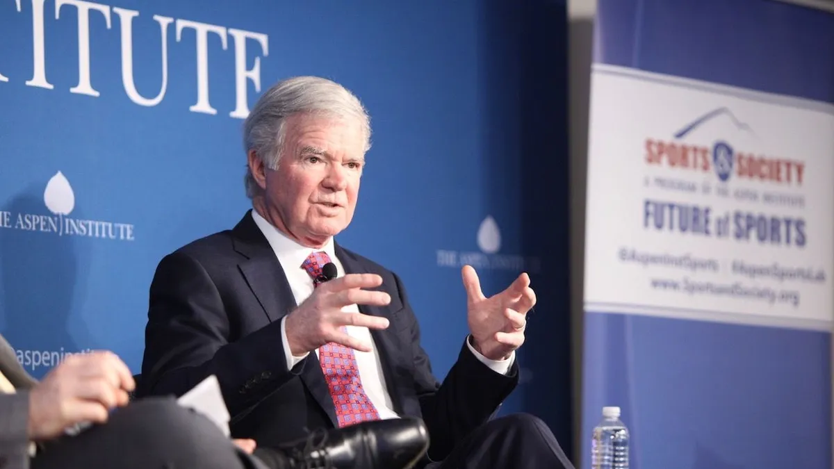 NCAA president Mark Allen Emmert discusses compensation for college athletes at The Aspen Institute Dec. 17, 2019.