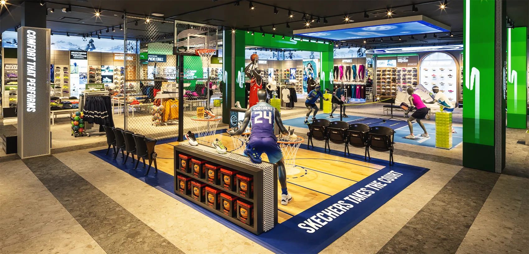 A basketball half court featured in Skechers first performance store.