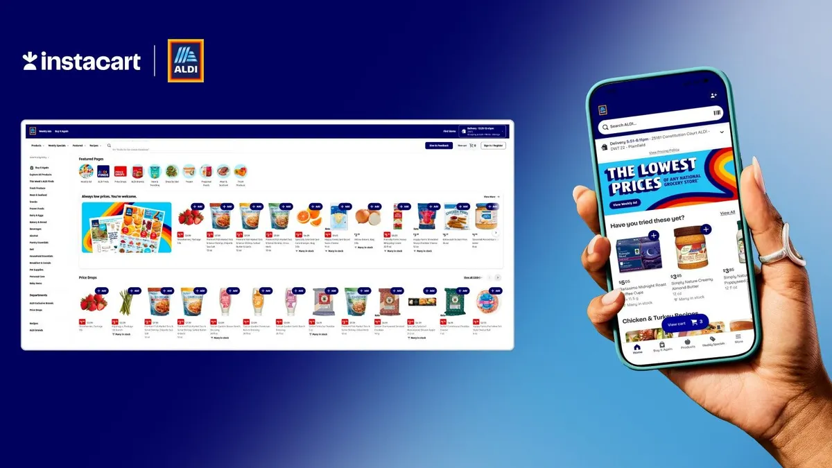 Webscreen and phone showing Aldi's revamped website