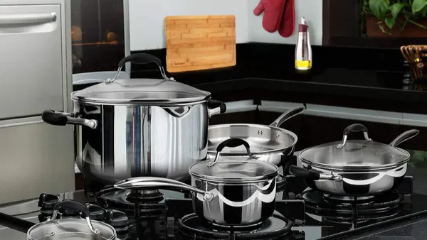 Cookware sits on a stovetop