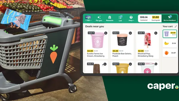 Image of a grocery cart with a screen displaying grocery deals and a digital shopping list.