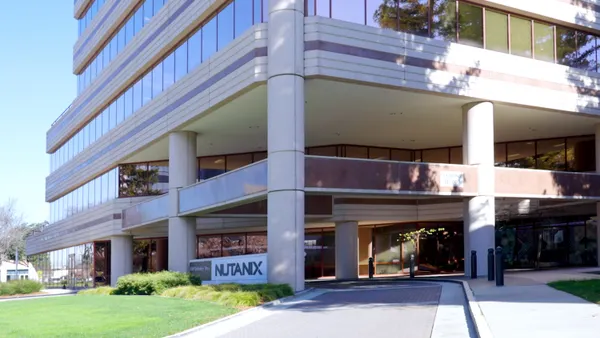 A large office building with the Nutanix logo on it.