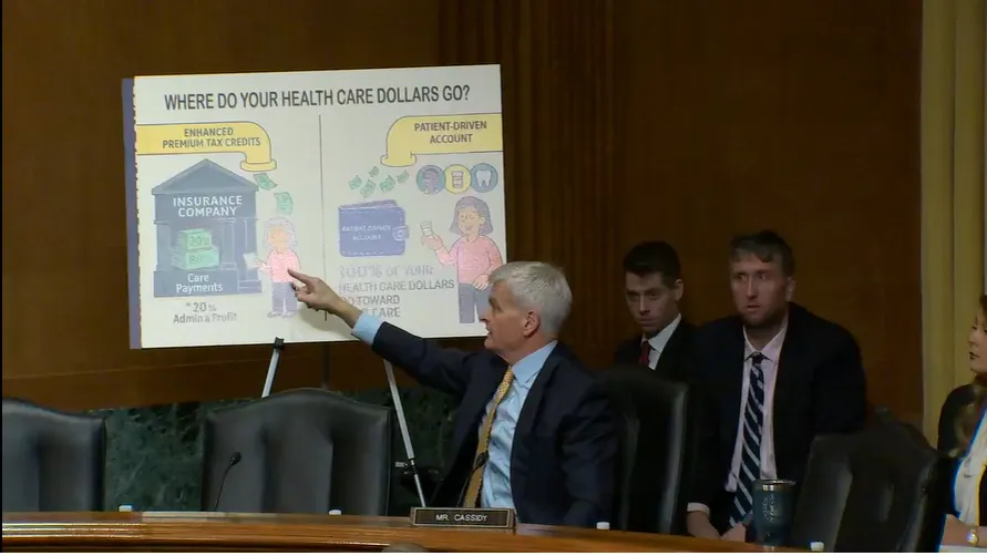 Sen. Bill Cassidy gestures towards a poster board during a Senate Finance Committee hearing.