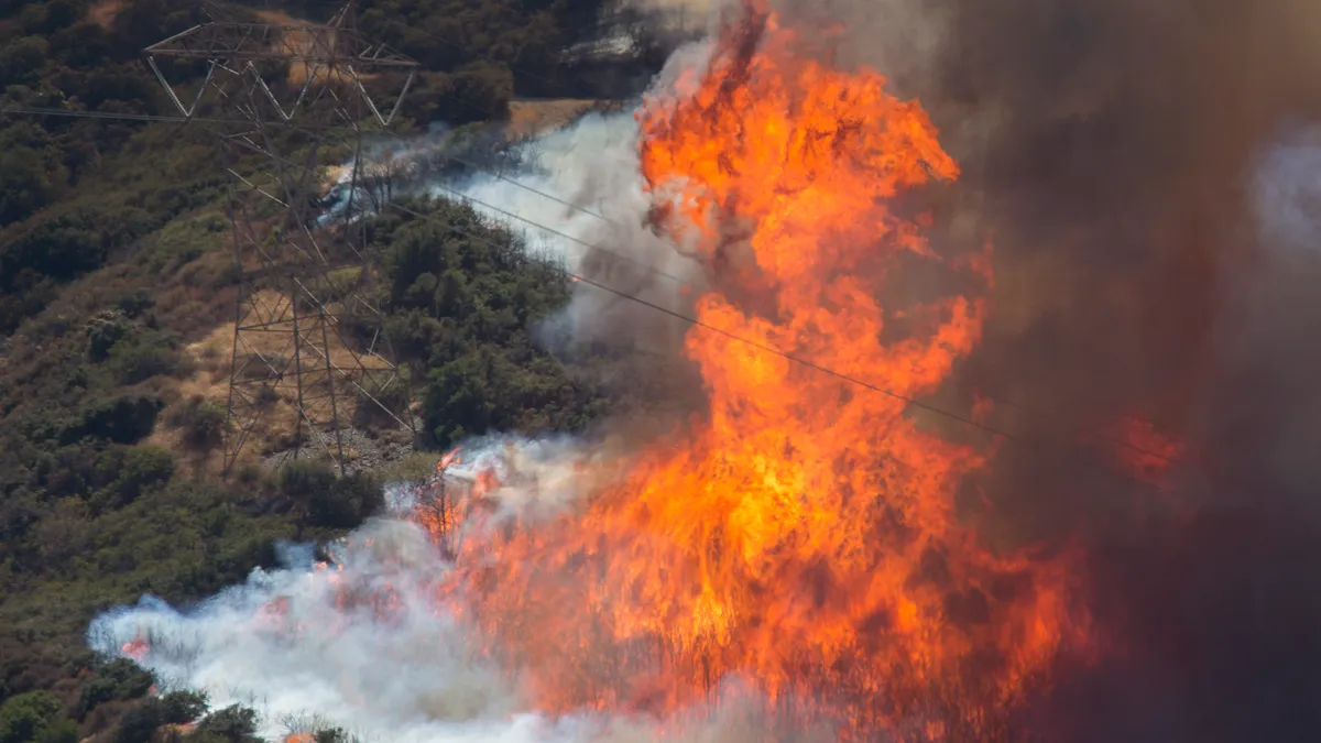 Tall flames rise near a high voltage power line tower in Los Angeles.