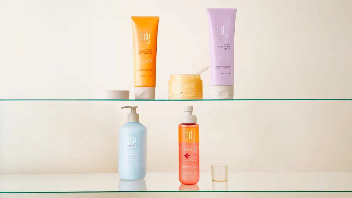 A range of colorful personal care product containers on a beige background.