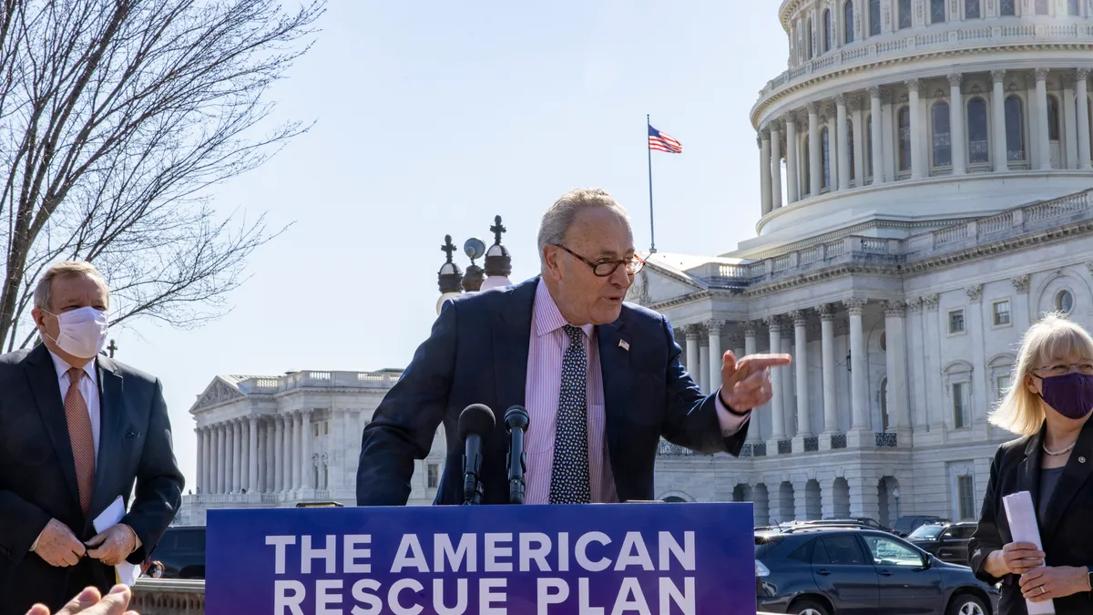 Former U.S. Senate Majority Leader Sen. Chuck Schumer speaks at a press conference at the U.S. Capitol on March 10, 2021, in Washington, D.C.