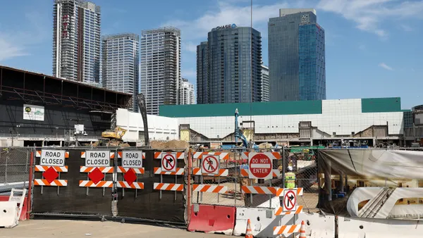 Road closed sign in front of the Los Angeles Convention Center