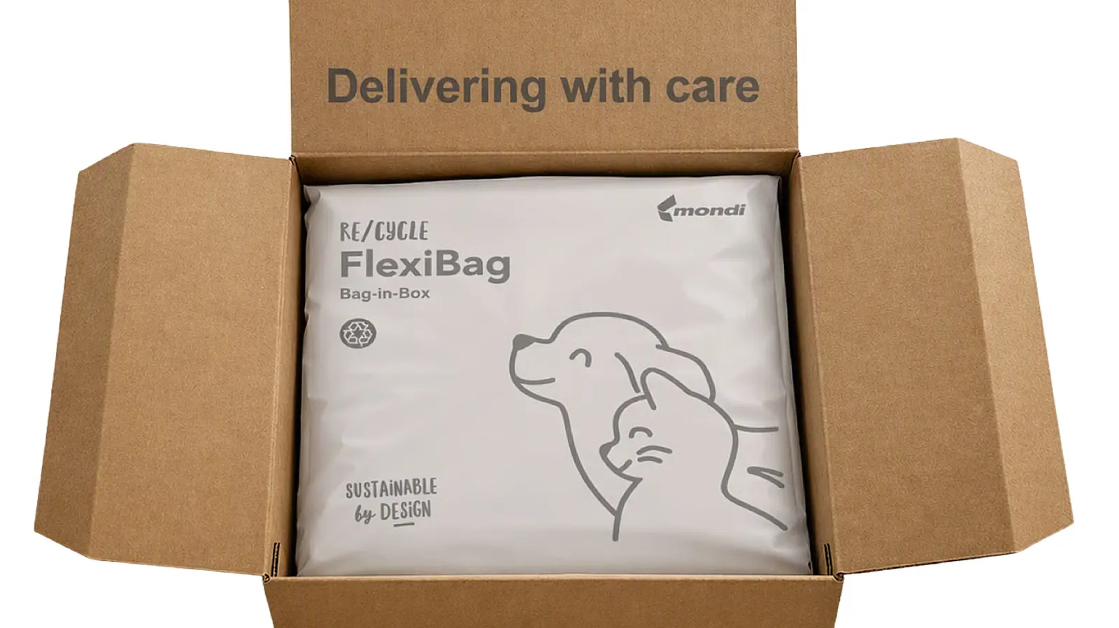 A white pouch with light gray markings rests inside a corrugated box.