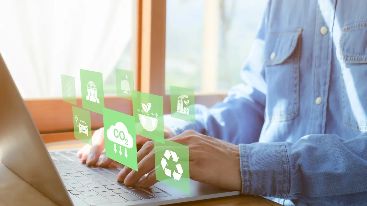 Person using computer for working technology Net zero and Carbon neutrality, green business and development based on renewable energy.