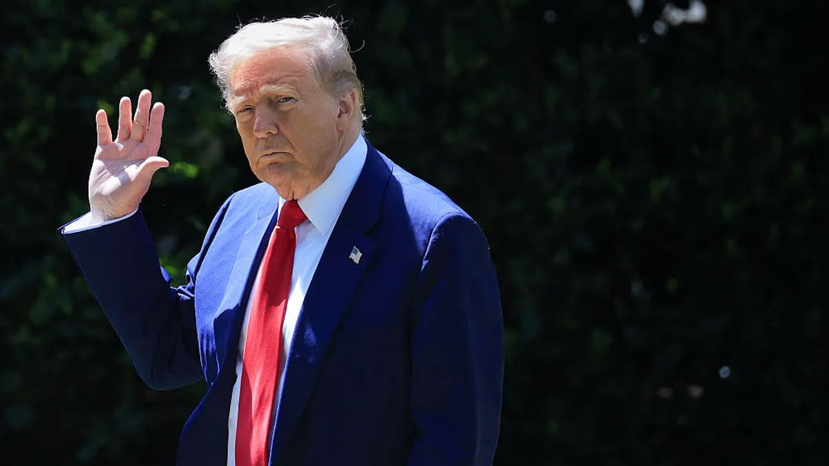 President Donald Trump waves before boarding Marine One on the South Lawn of the White House on April 29, 2025 in Washington, DC.