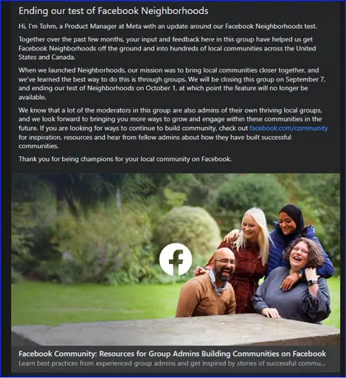 Meta Neighbors announcement