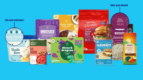 Assortment of Aldi products against a light blue background