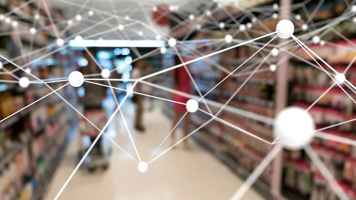 Neural networks, machine learning and artificial intelligence concept. Atom connect with blur retail shop store background