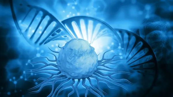 DNA double helix surrounded by malignant cancer cells and pathogens