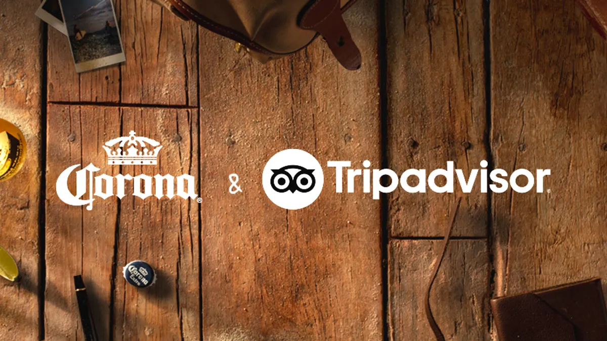 Corona and Tripadvisor's logo in front of planks of wood.