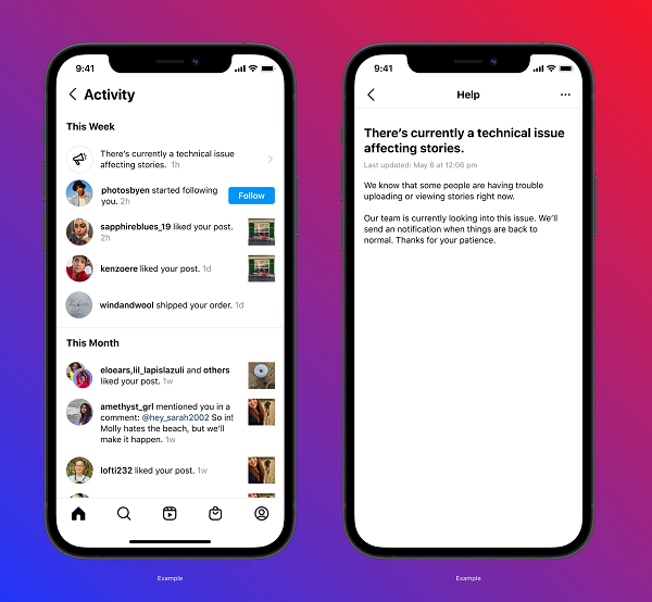 Instagram service notifications