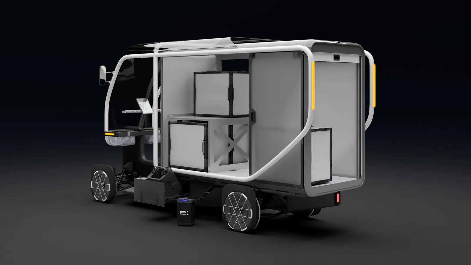 Rendering showing cargo quadricycle with cargo boxes.