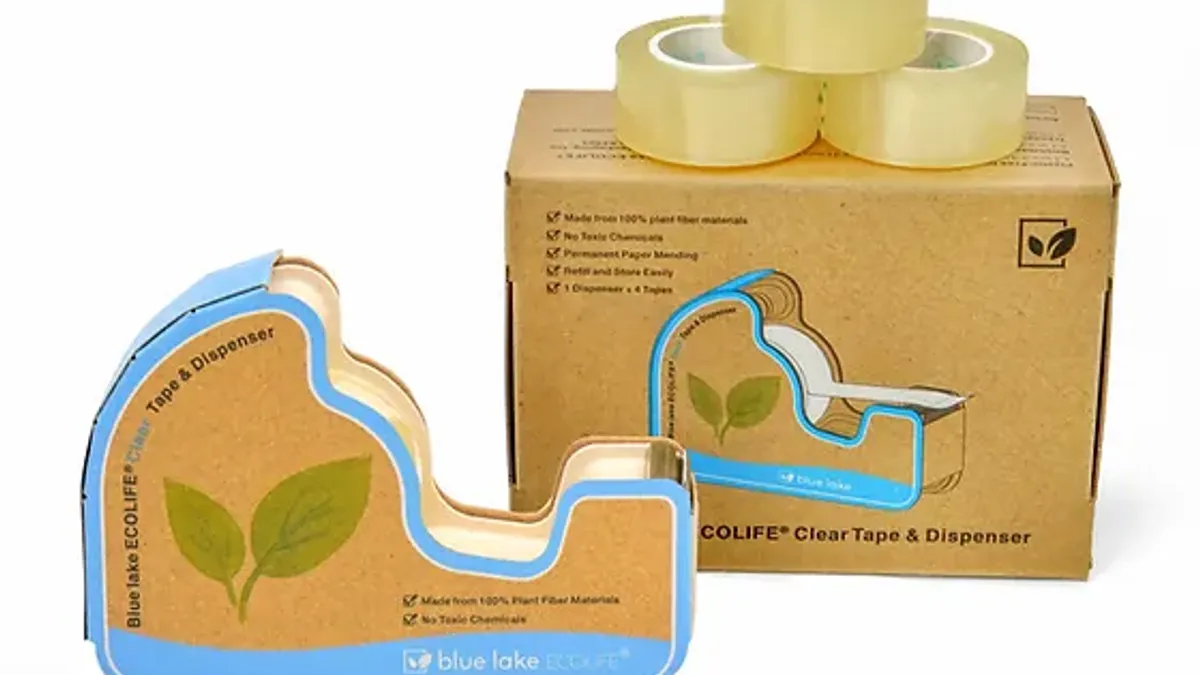 A fiber-based tape dispenser and three rolls of tape.