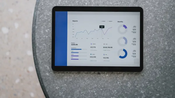Tablet displaying various financial reports, charts, and analytics on a table.
