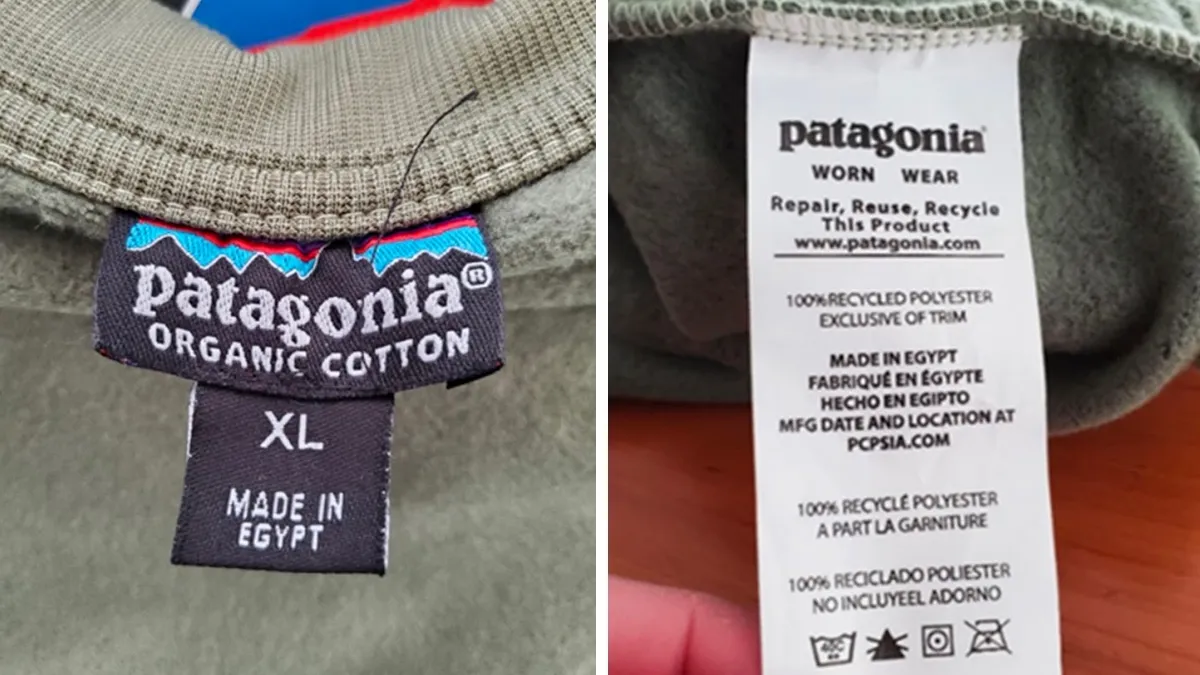 A shirt tag on the left, with Patagonia brand and size. On the right, a laundry-care tag.