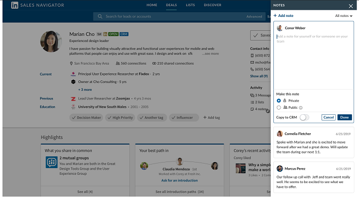 LinkedIn Sales Navigator notes