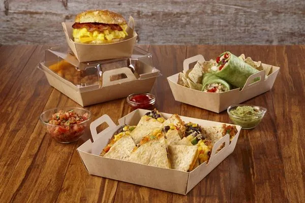 Snap-shut food packaging with a paper-based bottom and clear plastic top.