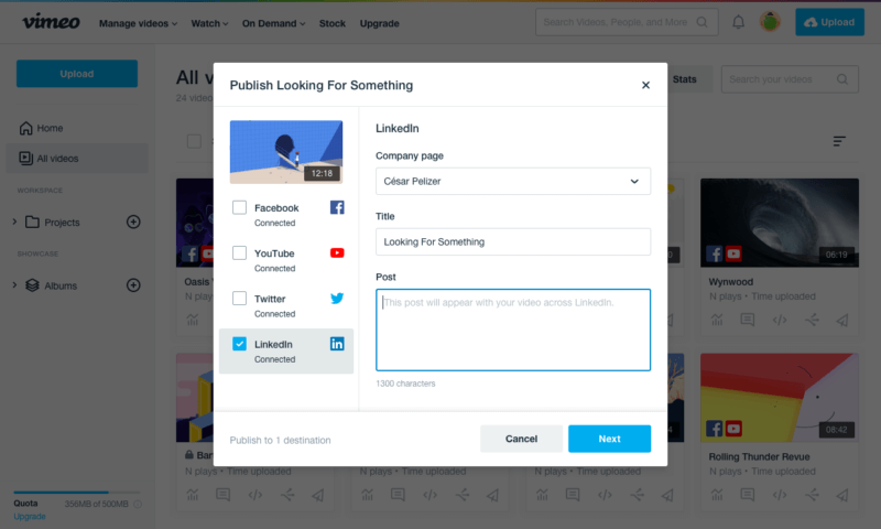 Vimeo's LinkedIn integration [screenshot]