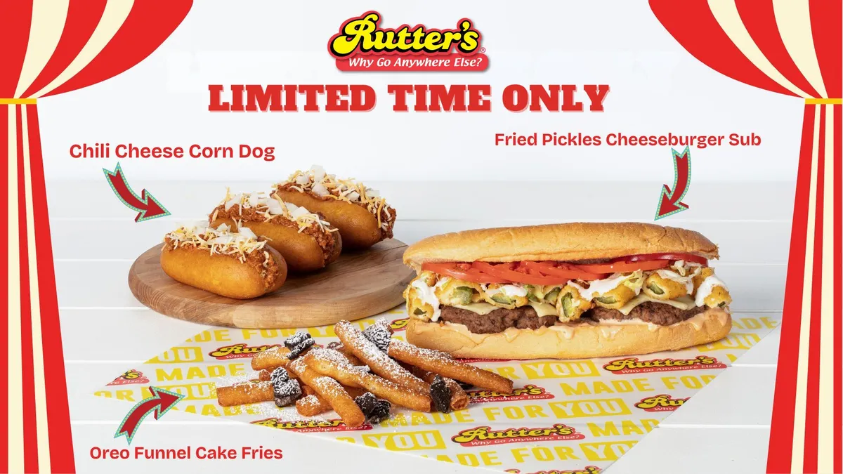 A photo of chili cheese corn dogs, a cheeseburger sub and funnel cake fries. The top of the image says "rutter's. Why go anywhere else" while labels pointing to the food read "chili cheese corn dog," "fried pickles cheeseburger sub" and "oreo funnel cake fries."