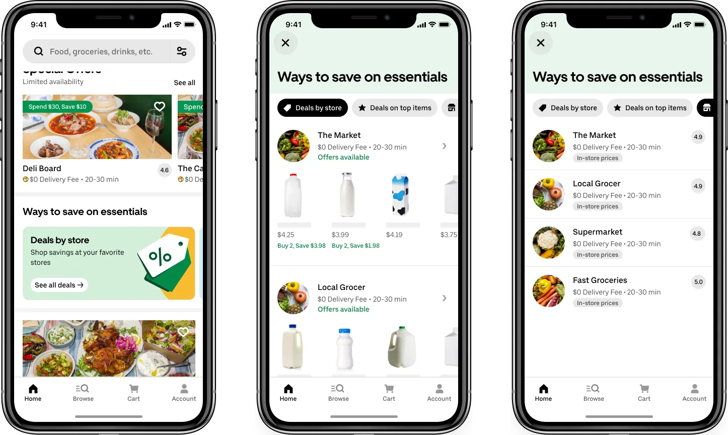 Screenshots of the virtual sales aisle on Uber Eats