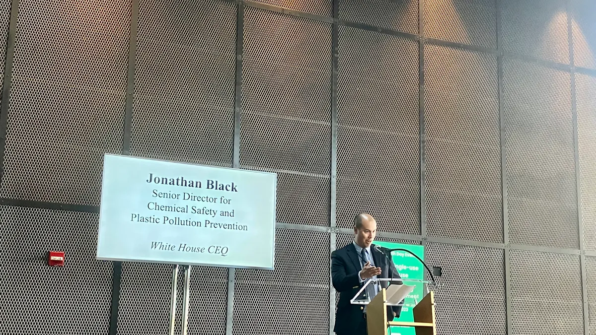 Jonathan Black, senior director for chemical safety and plastic pollution at the White House Council on Environmental Quality, speaks at a reuse event in Washington, D.C. on April 21, 2023.