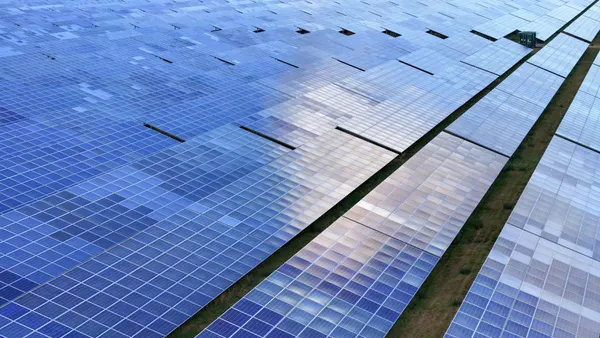 An aerial view of the Shotwick Solar Energy Park on February 25, 2025 in Deeside, Wales.