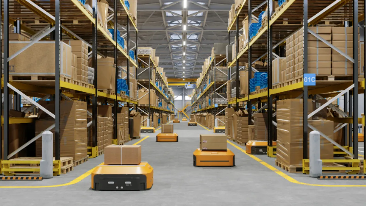 Automated Warehouse with Robots Transporting Boxes