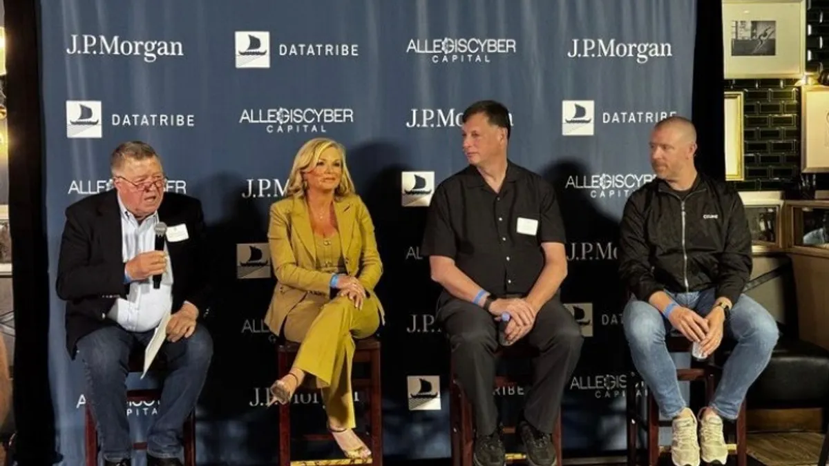 Bob Ackerman, founder and managing director of AllegisCyber and DataTribe moderates a Black Hat panel Aug. 5, 2025. Marci McCarthy, director of public affairs at CISA; Rob Joyce, Data Tribe venture partner and former cybersecurity director at the NSA and Patrick Opet, CISO at JPMorgan Chase.