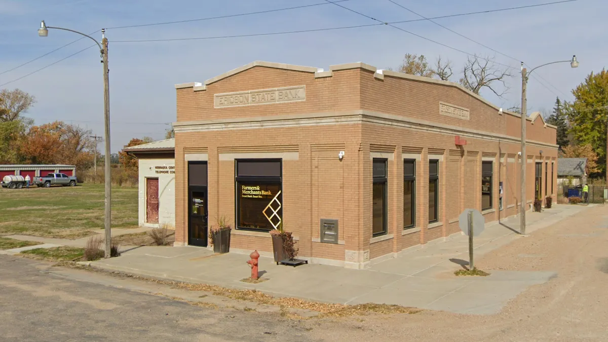 The exterior of failed Ericson State Bank in Ericson, Nebraska is shown from the street.