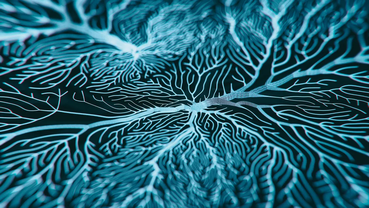 A 3D rendered image of a neural cell network, colored blue and set against a black background.